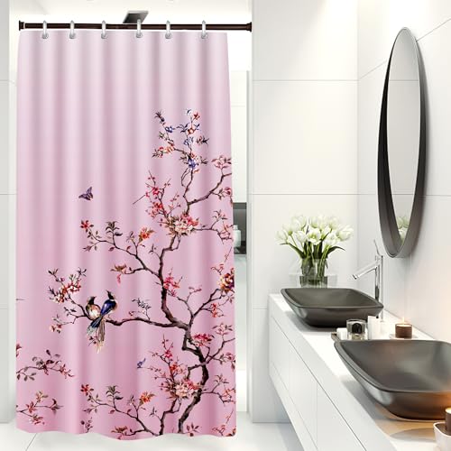 LIVETTY Pink Bird Floral Shower Curtain 90cm × 180cm Mould Proof Butterfly Fabric Bathroom curtain For Women & Men With 12 Hooks Washable Quick-Drying Curtains