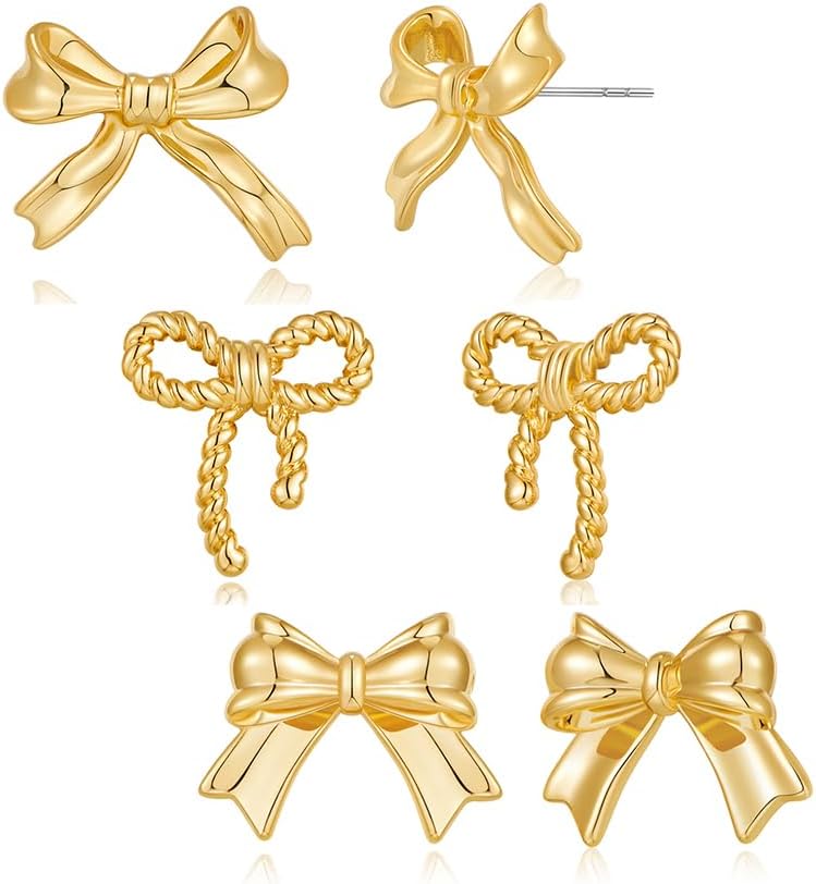 3 Pairs Gold Bow Stud Earrings Set For Women Small Cute Bow Studs Present