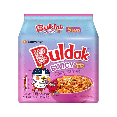 Samyang Buldak Swicy Korean Instant Ramen Noodles Mild Sweet and Spicy Stir-Fried Chicken Flavor with Crunchy Star Sugar Sprinkles 4.58oz (Pack of 5)