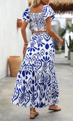 Image of Summer Boho Dress for Women Beach Vacation,2 Pieces Casual Ruffle Smocked Crop Tops and Flowy Maxi Skirts Set