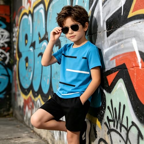 Image of 4-8T Toddler Boys 2-Piece Summer Casual Outfit Striped Print Short Sleeve T-Shirt & Shorts Set