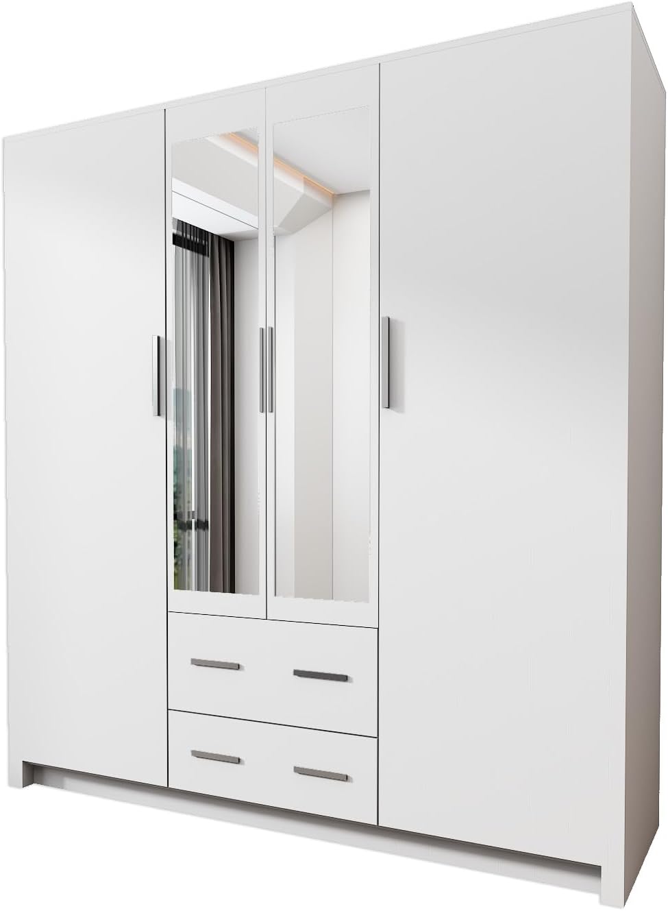 IINTERWOOD London Four Doors Wardrobe – Modern Storage Cabinet with Mirror, Hanging Rail, Adjustable Shelves & Chrome Handles & Drawers for Bedroom Furniture (WHITE, 171 CM)