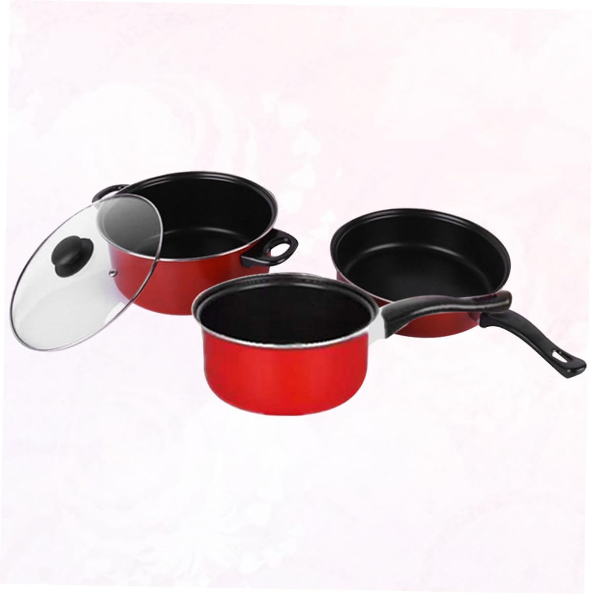 3pcs Non-stick Frying Pan Soup Pot Milk Pan Set Red Multifunctional Kitchen Utensil Cooking Tool for Home Daily Use and Space-saving