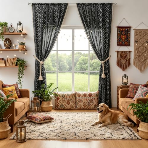 Image of Boho Curtains 84 Inch Long for Living Room, Bedroom, 2 Panels Floral Farmhouse Vintage Tassel Semi Sheer Light Filtering Privacy Window Curtain Drapes with Rod Pocket,Black
