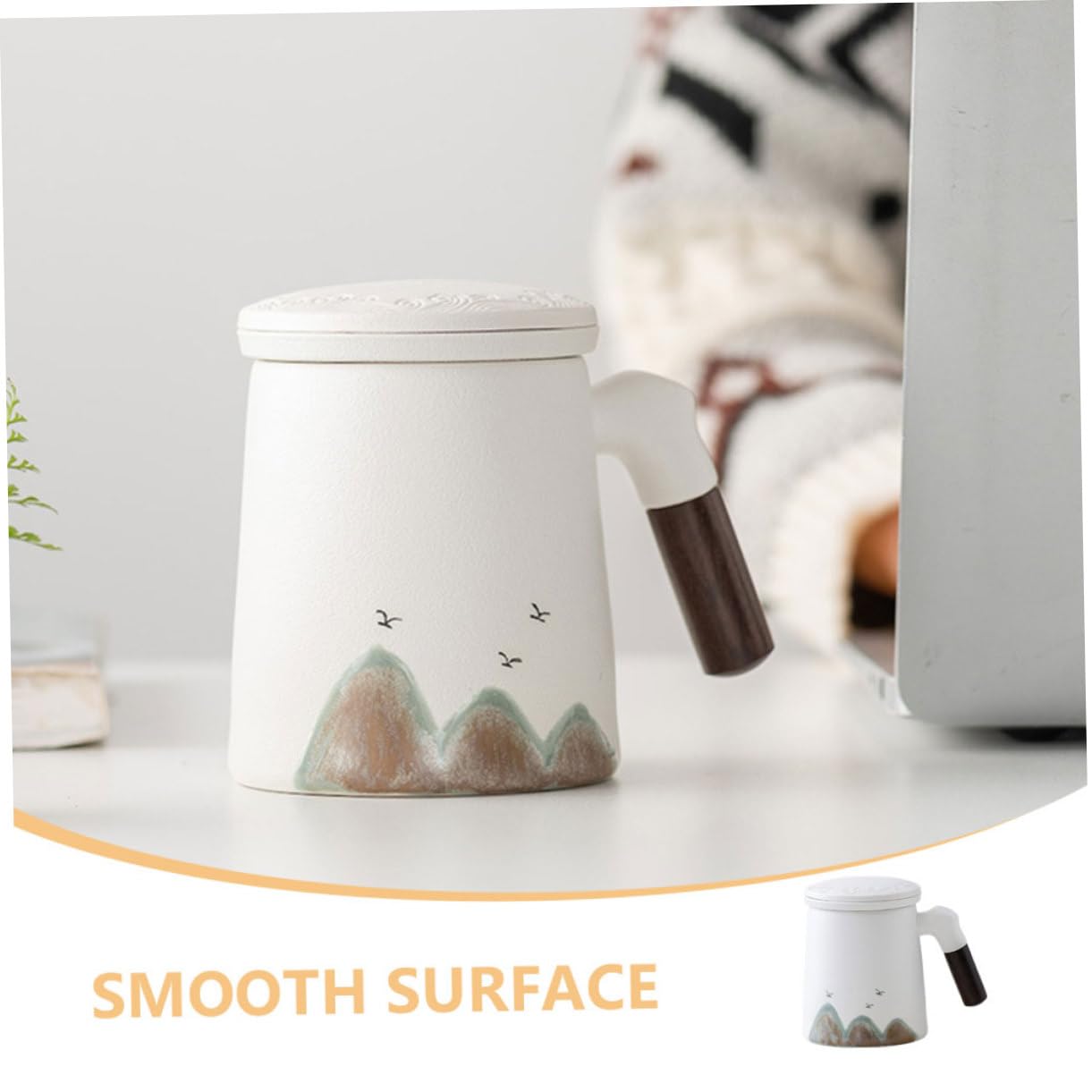 PRETYZOOM Tasse à Thé Grosse Tasse à Café en Céramique pour Infusion avec Infuseur et Couvercle en Bois avec Filtre Intégré pour Bureau et Maison
