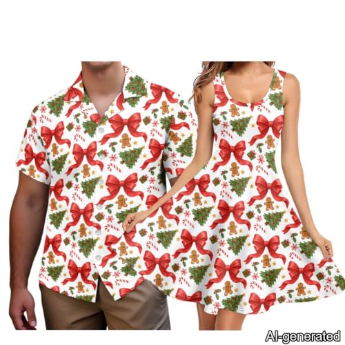 Image of Dreaweet Summer Dresses for Women A-Line Sleeveless Flowy Sun Dresses,Men's Casual Button-Down Shirts,Couple Matching Outfits