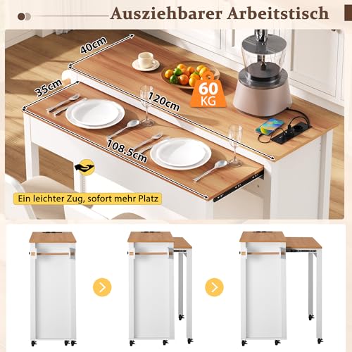 Isla de cocina móvil con ruedas con mesa de comedor extensible, 120 x 92 x 40-75 cm, carrito de cocina con 2 cajones, bandeja para basura, enchufe, placa natural, para cocina y comedor (blanco) - imagen 6