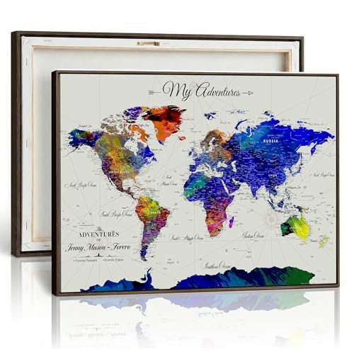 Personalized Push Pin World Map Wall Art Canvas Print, Custom Travel Map for Living Room Office, Colorful Abstract Framed World Map Decor with Names and Title Text