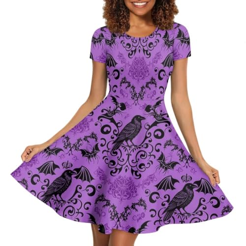 Image of POLERO Women Puffy Swing Elegant Party Midi Dresses Short Sleeve Round Neck A-Line Dress