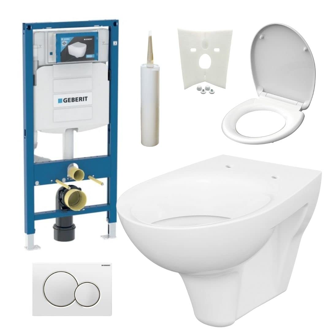 Geberit Duofix Vorwandelement UP 320, Design WC mit LotusClean Beschichtung, Absenkautomatik, Sigma01 Drückerplatte weiß, WC Deckel