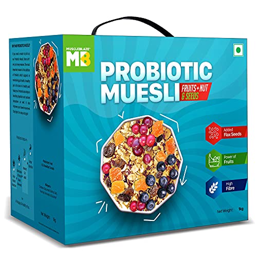 Image of MuscleBlaze Probiotic Muesli, Breakfast Cereals For Good Gut Health, Fruits, Seeds and Nuts, Multigrain Flakes, High In Fibre, Antioxidant-Rich, 1 kg