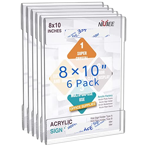 Niubee 8x10 Wall Mount Acrylic Sign Holder with Double Sided Adhesive Tape for Office, Home, Store, Restaurant, No Drilling - Vertical