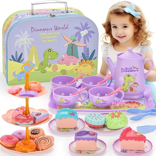 Lajeje Dinosaurs Tea Party Set for Little Girls, Pretend Plastic Teapot Set, Princess Tea Time Play Kitchen Toy with Dessert, Carrying Case for Birthday Easter Gifts Kids Toddlers Age 3 4 5 6
