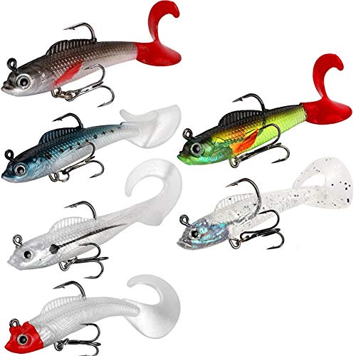 Borns Ensemble de leurres de pêche, 6 pièces 7,2 cm appât Souple tête de Plomb leurres de Poisson de mer matériel de pêche Pointu Triple Crochet appât Artificiel Queue en Cover