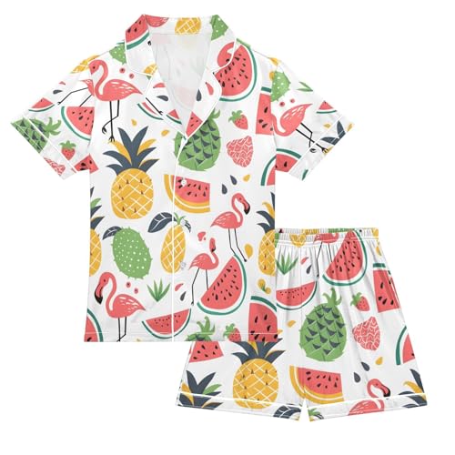 ALAZA Watermelon Pineapple Flamingo Fruit Pajamas Satin Pajama Set Short Sleeve Button Down Sleepwear