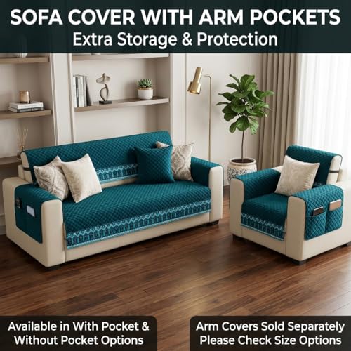 Image of KINGLY Sofa Cover 4 Seater Fully Covered | Stretchable Anti-Slip Slipcover | Washable Furniture Protector | Teal Blue | Set of 2 | Seat & Back |