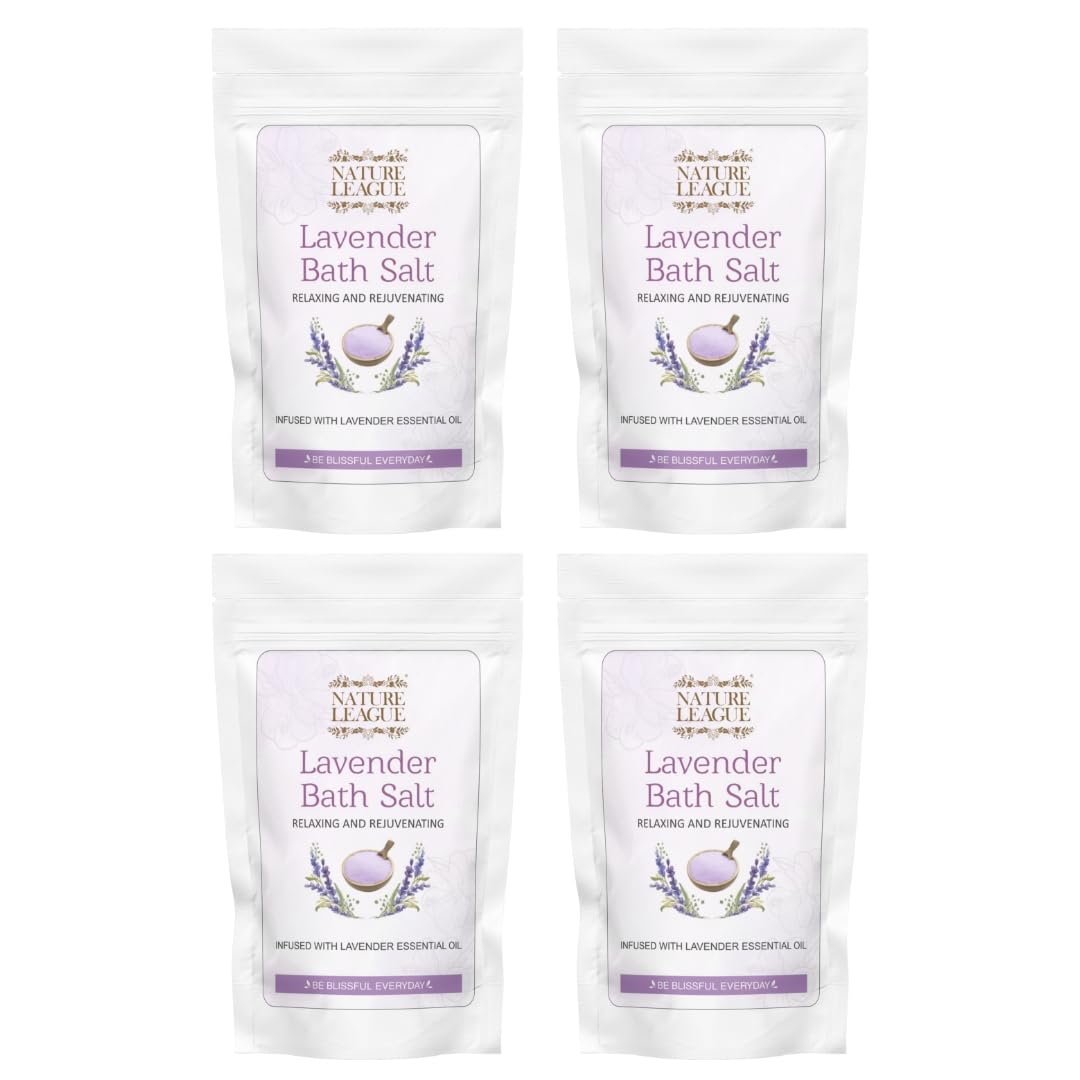 NATURE LEAGUE Lavender Bath Salt Soak with Natural Essential Oils, Calming Aromatherapy for Stress Relief, Muscle Relaxation & Skin Revitalization, Luxury Spa-Like Experience, Paraben & Cruelty Free, 250g (Pack of 4)