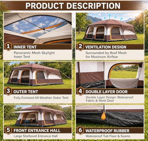Image of Large Camping Tent for 3-5 Person Spacious Outdoor Tent House For Hiking Waterproof Dome Portable Spacious Camping Tent Perfect for Hiking Travel,Trekking &Outdoor Adventures(310*210*180cm)