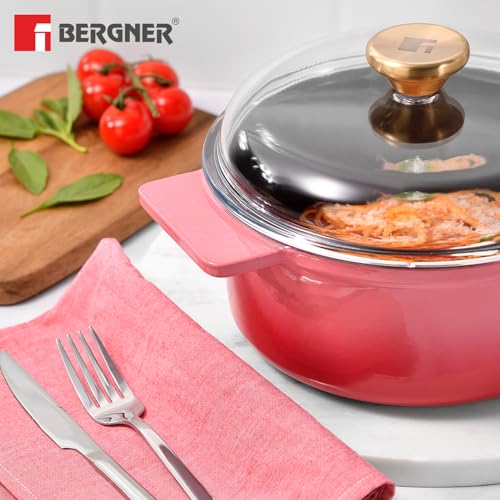 Image of Bergner Excalibur Lightweight Cast Iron Dutch Oven /Biryani Pot /Casserole with Glass Lid, 26cm /5L, Non-Stick Coating, PFAS Free, Elegant Design, Silicone Grips, Induction and Gas Stove Ready (Pink)