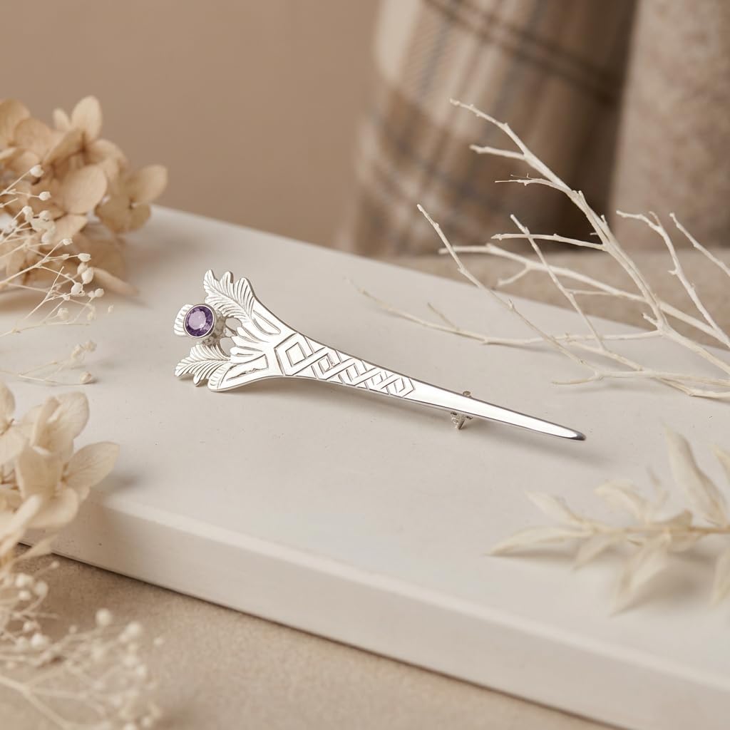 Alexander Castle 925 Sterling Silver Scottish Thistle Kilt Pin Brooch with Amethyst Stone for Men & Women - Kilt Accessory with Jewelry Gift Box - 76mm