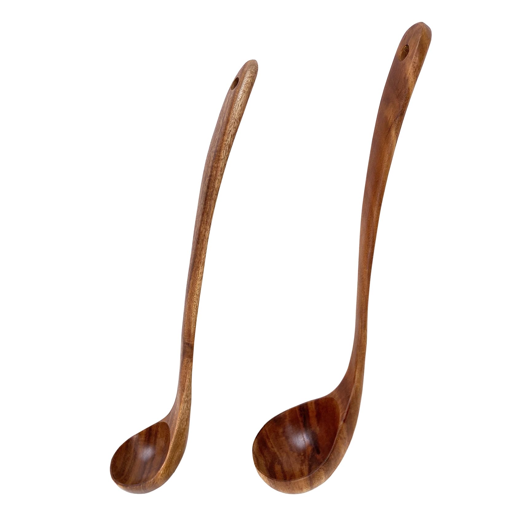 UPTALY 2 pcs Teak Wood Ladles with Long Handle (13.4'', 12.6''), Handmade, Kitchen Ladle for Deep Pot, Tall Vessels, Big Stockpots, Japanese Minimalist Cooking Spoon, for Serving Soup, Stew, Sauce