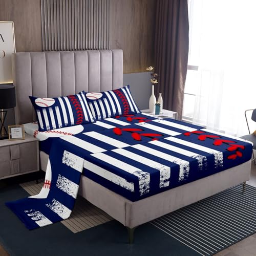 Image of Castle Fairy Navy Blue Red Bed Sheet Queen Size,Ball Sports Games Sheets,Kids Baseball Bedding Sets (1 Fitted,1 Flat,2 Pillowcases) Luxury Deep Pocket Bed Sheets