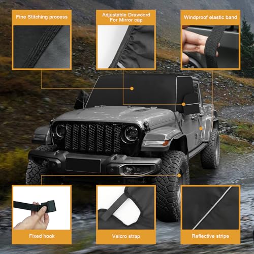 Image of Windshield & Front Side Window Snow Cover Compatible wirh Jeep Wrangle JL JT 18-24, 600D Oxford Cloth Windshield Cover with Mirror Cover for Sun, Rain, Snow, Sand, Dust, Leaves, Branches Protection