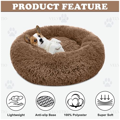 Calming Donut Dog Bed Medium (60 x 20 cm), Fluffy Plush Round Non Slip Bottom Puppy Doughnut Pillow, Faux Fur Anxiety Relief Cuddler Pet Cushion Bed, Brown - Image 4
