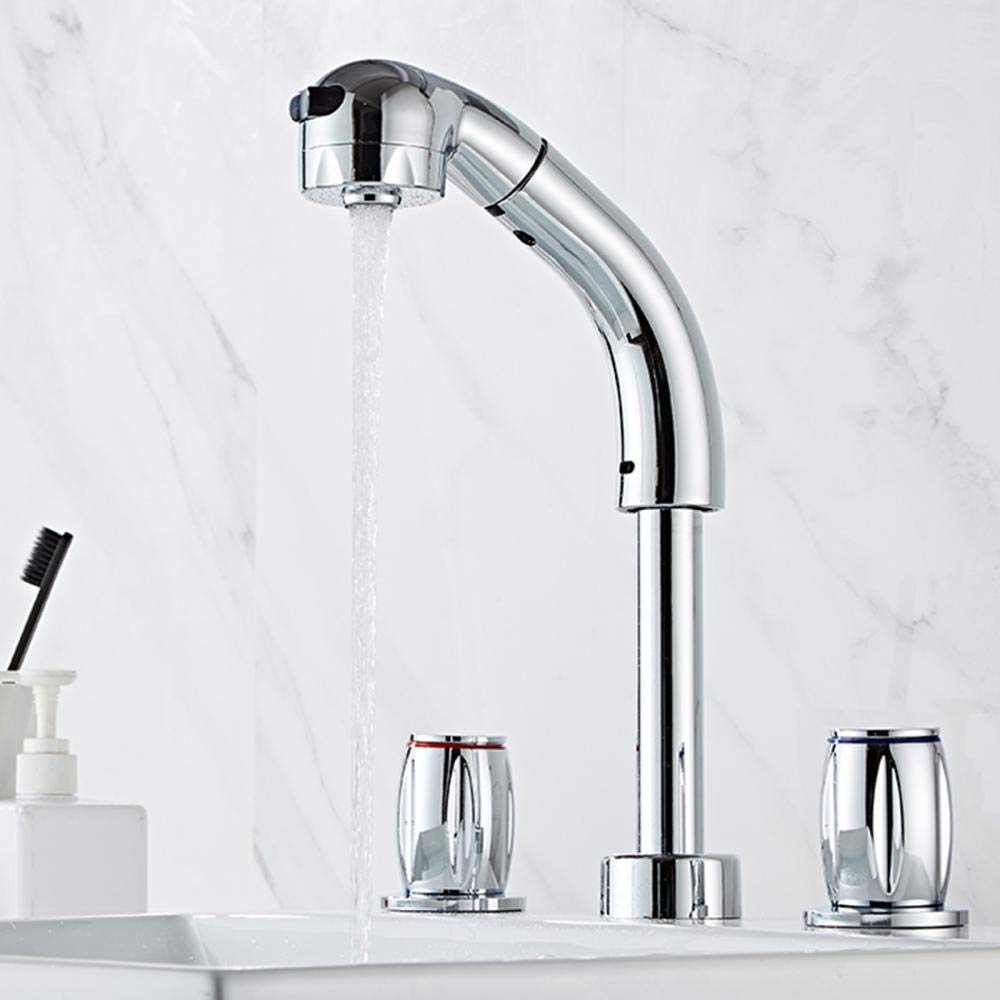 VDOQTLJT Bathroom Sink Faucet 3 Hole Can Be Drawn Lifted Rotated Hot and Cold Brass Faucets Chrome Plated
