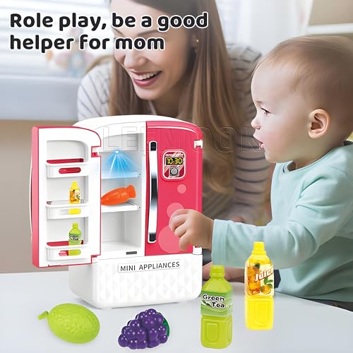 Image of Kids Mini Dollhouse Fridge Miniature Refrigerator Mini Fridge Toy with Food, Lights, Music and Toy Fruits - Realistic Kitchen Appliance for Pretend Play (Mini Refrigerator)
