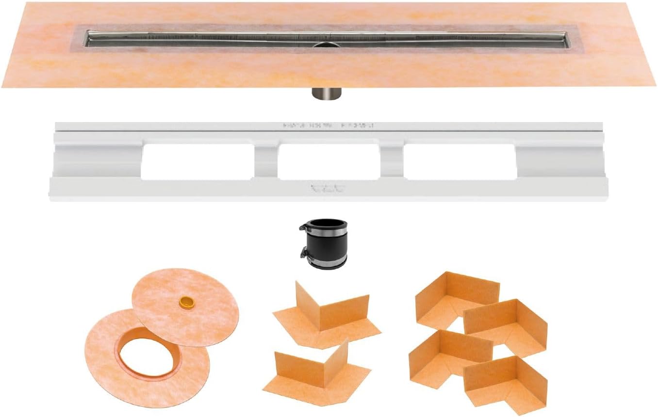 Kerdi Line Shower Drain with 28" Stainless Steel Channel Body and Waterproof Kerdi Collar - Ideal for Showers and Wet Rooms - Center Outlet Position, 27-9/16" Grate Length - KL1V60E70