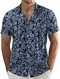 Picture of JOGAL Men's Flower Cotton Button Down Short Sleeve Hawaiian Shirt Deep Blue Large
