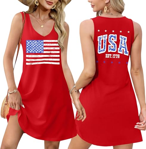 Image of NEWWEN American Flag Dress Women 4th of July Sleeveless Tank Dress 250 Anniversary USA Patriotic Summer Sundress
