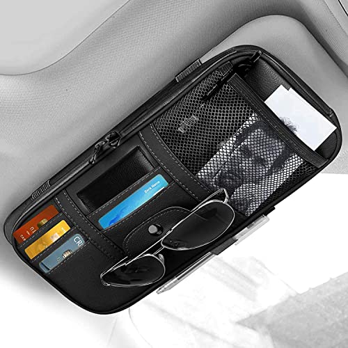 XOWD Car Accessories Car Sun Visor Organizer, Sunglass Pen Card Small Document Storage Pouch Holder, PU Leather, Multi-Pocket with Zipper Net (Black)