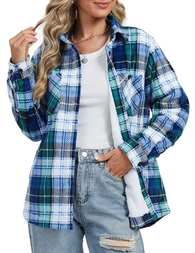 YUCOLEN Womens Flannel Plaid Shirts Jacket Sherpa Fleece Lined Button Down Warm Winter Coats with Pockets