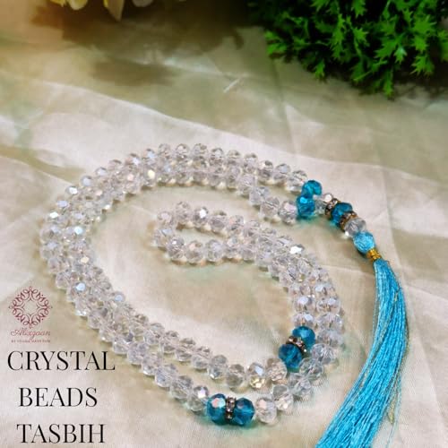 Image of Prayer Beads Tasbih, Crystal Glass 100 Beads, Turquoise Blue with Tassel, Islamic Prayer Rosary Tasbih in Diamond Cut Crystal Beads of Sky Blue Diamond Like Finish Gift of Ramazan Hajj Umra,Car Decorative