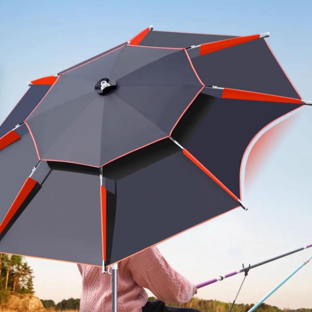 Parapluie de pêche – Coupe-vent avec protection solaire UPF50+, design pliable portable pour la pêche au bord de la rivière et du lac, piquet de sol inclus (parapluie universel en métal noir épais