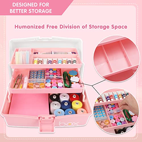 Tergoo 12In Three-Layer Multipurpose Storage Box Organizer Folding Tool Box/Art & Crafts Case/Sewing Supplies Organizer/Medicine Box/Family First Aid Box With 2 Trays (White Pink) #TOP3