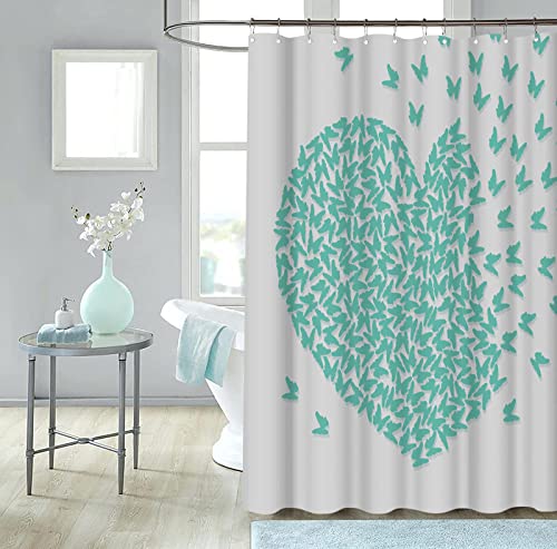Fushvre Teal Heart Shower Curtain Teal Green Butterfly Love Theme Bath Curtain Grey Pattern Fabric Bathroom Decor Waterproof Cloth 12 Plastic Hooks Included 72"X 72" #TOP1
