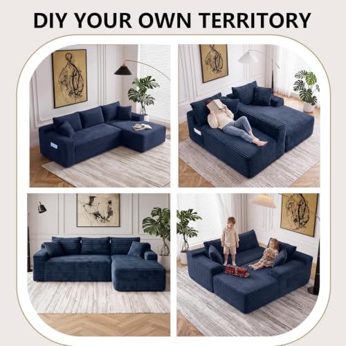 Image of 94.5 inch L Shaped Boneless Sectional Corduroy Couches for Living Room (Blue)