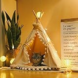 little dove Pet Teepee House Fold Away Pet Tent Furniture Cat Bed with Cushion 28 Inch Beige Pompom