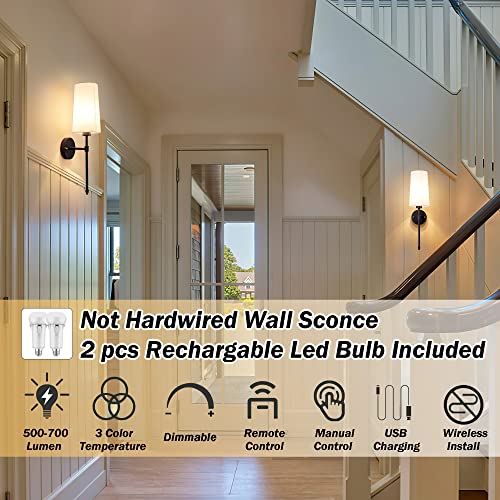Battery Operated Wall Sconce Light With Remote Control, Dimmable Wall Sconce Set Of 2 With White Fabric Shade, Indoor Wireless Battery Operated Wall Lamp Light For Bedroom Living Room, Bulb Included ( #TOP1