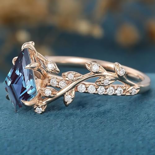 Kite Shape Natural Alexandrite Engagement Ring for Her Women,10K 14K 18K Rose Gold Alexandrite Moissanite Ring Gemstone Band Gift for Anniversary Wedding Valentine's Day2