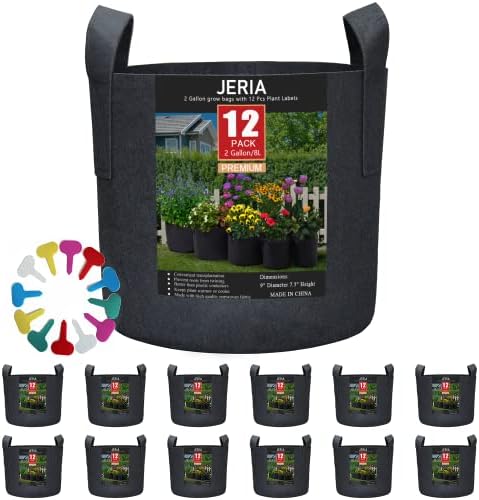 JERIA 12-Pack 2 Gallon, Vegetable/Flower/Plant Grow Bags, Aeration Fabric Pots with Handles (Black), Come with 12 Pcs Plant Labels