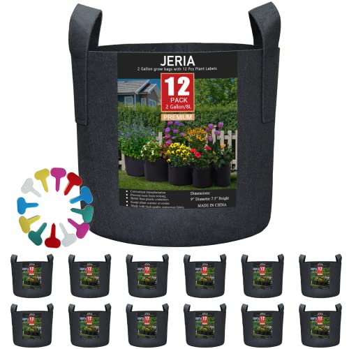 JERIA-12-Pack-2-Gallon-VegetableFlowerPlant-Grow-Bags-Aeration-Fabric-Pots-with-Handles-Black-Come-with-12-Pcs-Plant-Labels