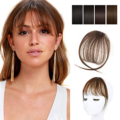 Clip in Bangs 100% Human Hair Air Bangs Extensions Front Fringe Bangs One Piece Hairpiece with Hand Made Tied Bangs for Women (Light Brown)