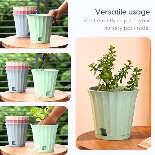 Image of Eha Earth Friendly Ace 7 inch Small Self Watering Pots for Indoor Plants | Set of 6 | Plant Pot Made with Bamboo Fibers | Table Top Planters for Home Decor, Flower Pot for Living Room | Celeste