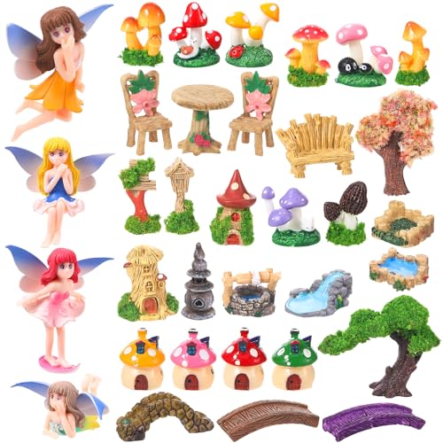 GGSTDDUP 32 Pcs Fairy Garden Accessories Mini Fairy Figures Miniature Table and Chairs Bridge Mushroom Lighthouse Water Well Pond Landscape Ornaments Kit for DIY Garden Potted Desk Decor