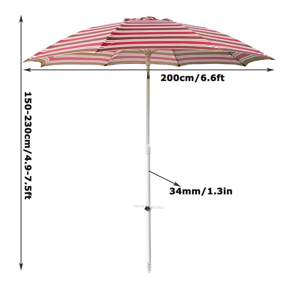 200 cm Parasol Plażowy z Pochylanym, Czerwony Paskowany Parasol Ogrodowy, Przenośny Składany Parasol Tarasowy, Regulowana Wysokość, Aluminiowy Drążek