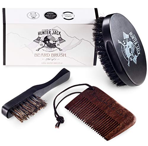 Beard Brush & Comb Kit for Men (2pc) - Great for Beard Grooming, Beard Care & Mustache, Styling and Distributing Oil - 100% Wild Boar Bristles - Comes with"Hunter Jack" Gift Box - Free eBook
